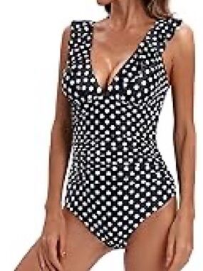 Holipick One Piece Swimsuit Women’s Size L Polka Dot Black/White Plunge Open Bac